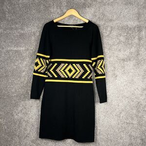 Tahari Sweater Dress Womens Medium Black Geo Print 3/4 Sleeves Scoop Neck